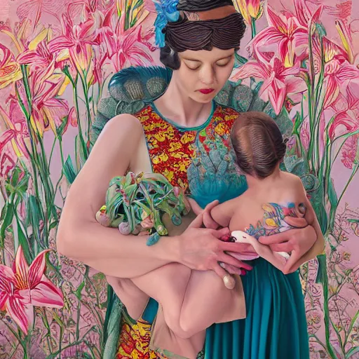 Image similar to pretty mother with child in arm with lilies : : by martine johanna and simon stalenhag and chie yoshii and casey weldon and wlop : : ornate, dynamic, particulate, rich colors, intricate, elegant, highly detailed, vogue, harper's bazaar art, fashion magazine, smooth, sharp focus, 8 k, octane render