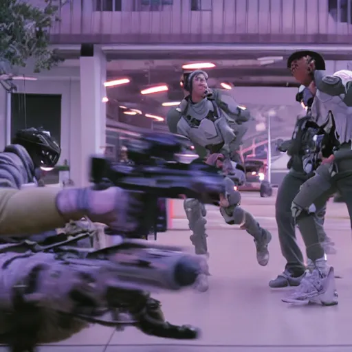 Prompt: film still of 'Los Angeles Future Squad 2050'. Epic action scene. Sigma 85mm f/8