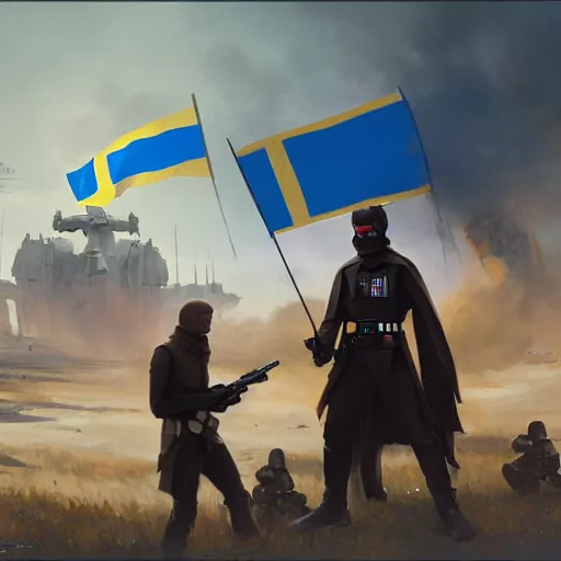 Image similar to In the Star Wars universe, rebels with Ukrainian flags are holding back the attacks of invaders with Russian flags by Greg Rutkowski