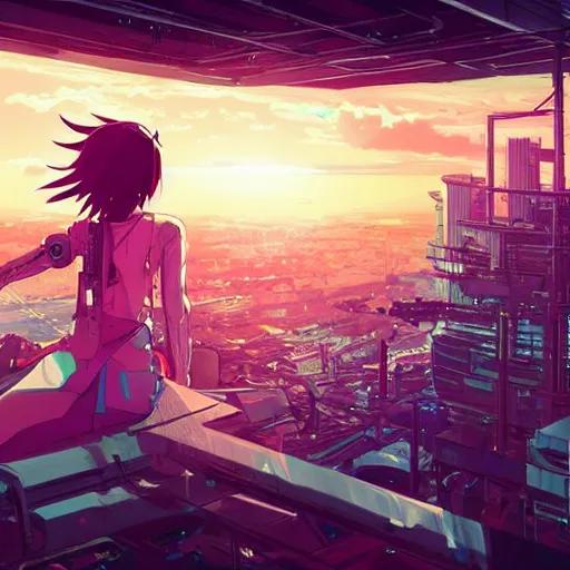 Prompt: android mechanical cyborg anime girl child overlooking overcrowded urban dystopia. hanging legs. pastel pink clouds baby blue sky. gigantic future city. raining. makoto shinkai. wide angle. distant shot. purple sunset. sunset ocean reflection.
