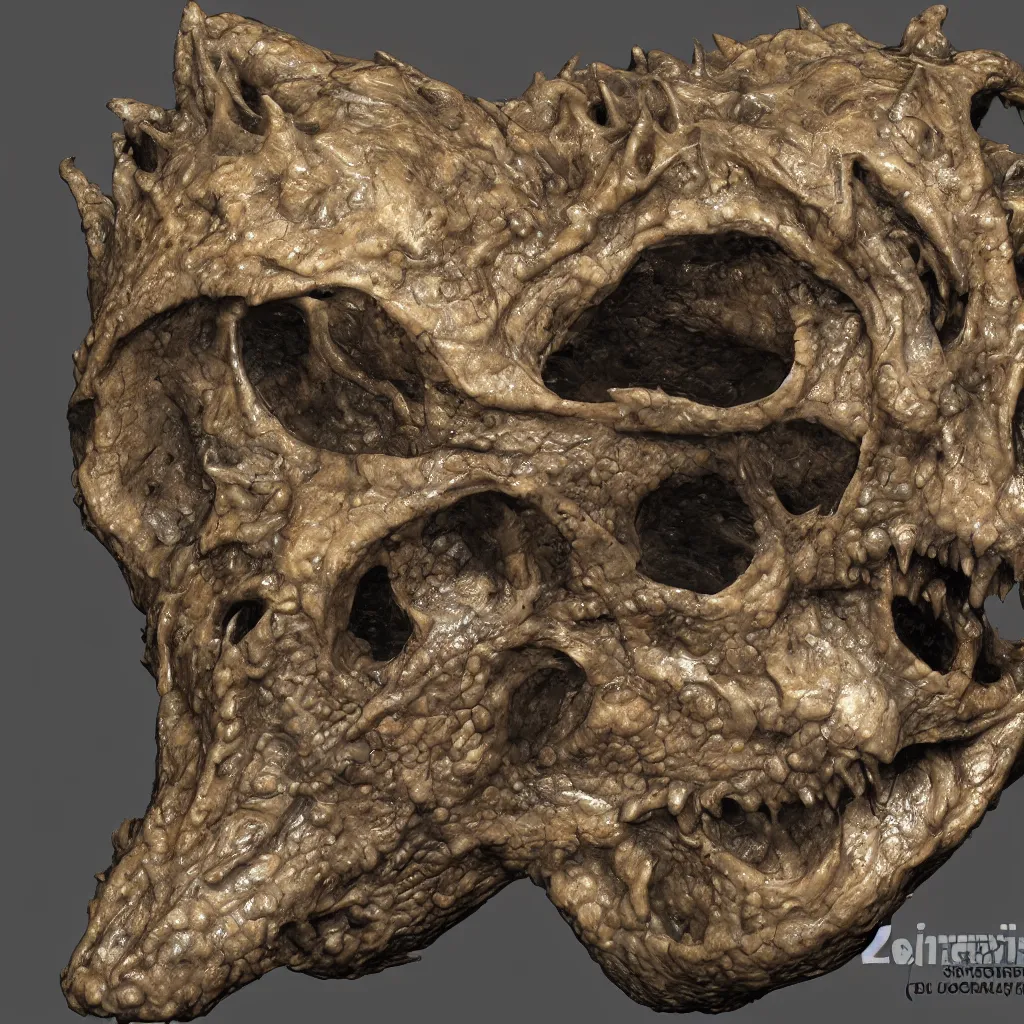 Image similar to scientist hands holding the fossilized remains of a dragon skull. zbrush, extremely detailed