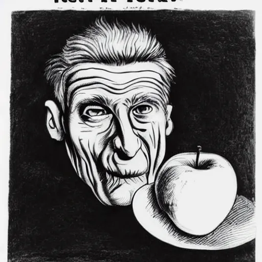 Prompt: samuel beckett's features on the face of a roast pig with an apple in its mouth