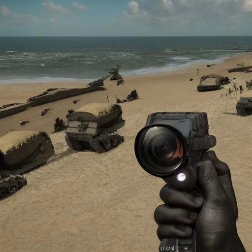 Image similar to go - pro footage of d - day, unreal engine 5 highly rendered, radiant light, detailed and intricate environment, wide angle, cinematic lighting