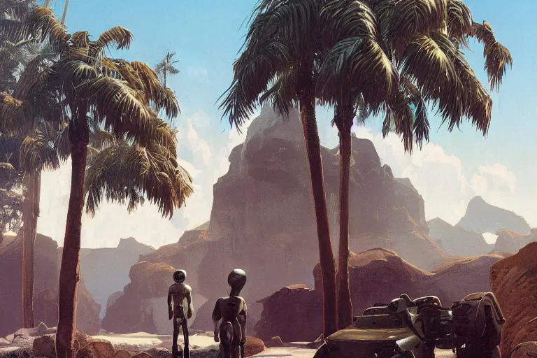 Image similar to natural american landscape | robot greeting another robot | palm trees | snowy mountains, painting by syd mead and weta studio and james jean, frank frazetta, highly detailed, rule of third, soft lighting, 8 k resolution, oil on canvas, architectural magazine, beautiful detailed, insanely intricate details, artstation trending, hypermaximalistic, high details, cinematic