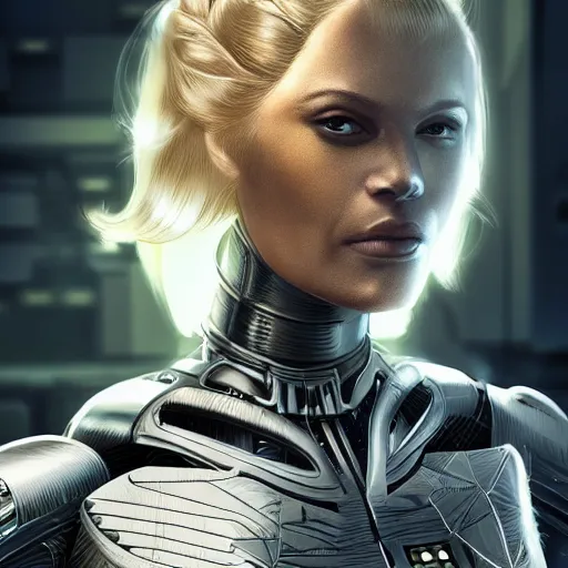 Image similar to full body shot of a very pretty blond borg queen on a borg ship, cybernetic implants, perfect face, symmetrical face, moody lighting, shallow depth of field, artstation trending,