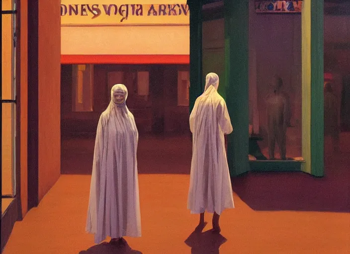Image similar to woman in a translucent clothing made from green plastic bag with paper bags for clothes standing inside paper bags with paper bag over the head at store display on flooded night street Edward Hopper and James Gilleard, Zdzislaw Beksinski, highly detailed