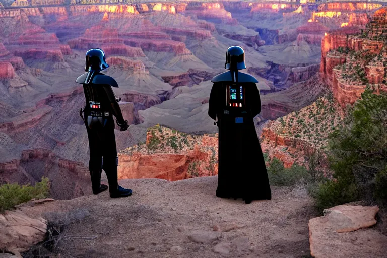 Prompt: darth vader visiting the grand canyon for the first time, excited, excited, excited, 4 k photography