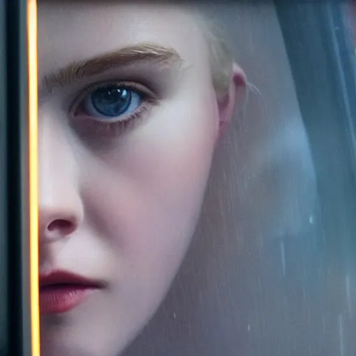 Image similar to Elle Fanning face reflection off a rainy car window, extremely detailed masterpiece, oil on canvas, low-key neon lighting, artstation, Blade Runner 2049, Roger Deakin’s cinematography, by J. C. Leyendecker and Peter Paul Rubens,
