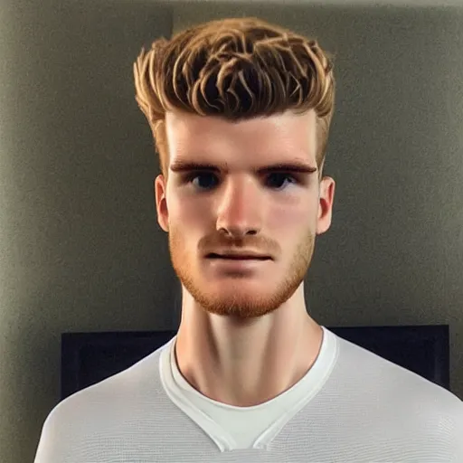 Image similar to a realistic detailed photo of a guy who is an attractive humanoid who is half robot and half humanoid, who is a male android, soccer player timo werner, shiny skin, posing like a statue, blank stare, in a living room, on display, showing off his muscles, with a twin