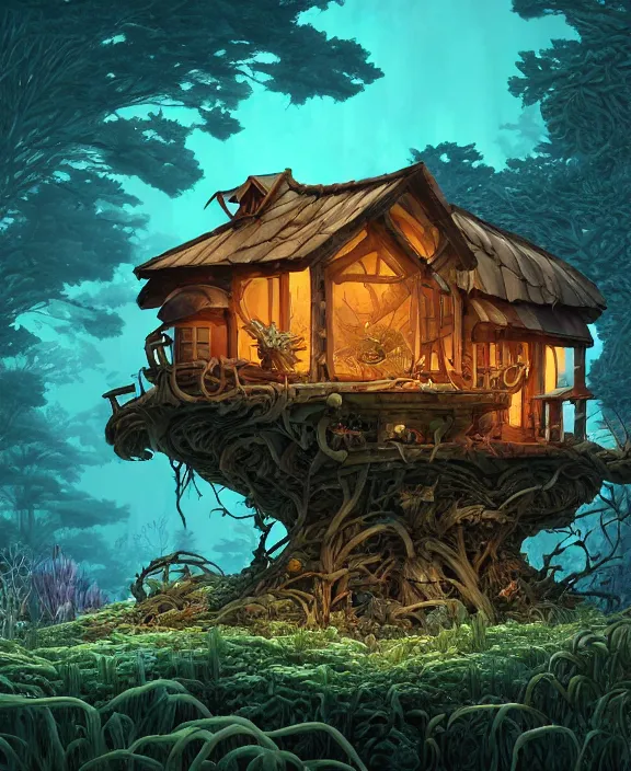 Image similar to a whimsical cabin made from isopods, overgrown with huge rare fungus, deep in the woods, by dan mumford, yusuke murata, makoto shinkai, ross tran, underwater, hellish, cinematic, unreal engine, cel shaded, featured on artstation, pixiv