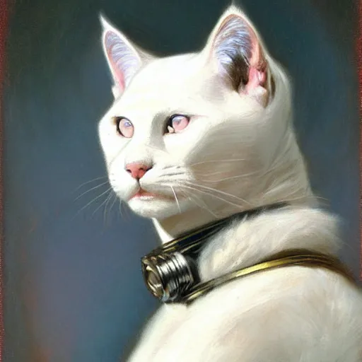 Image similar to a portrait of a manly humanoid anthromorphic furry white cat feline, blue eyes, star trek the next generation. highly detailed painting by gaston bussiere, craig mullins, j. c. leyendecker, furry