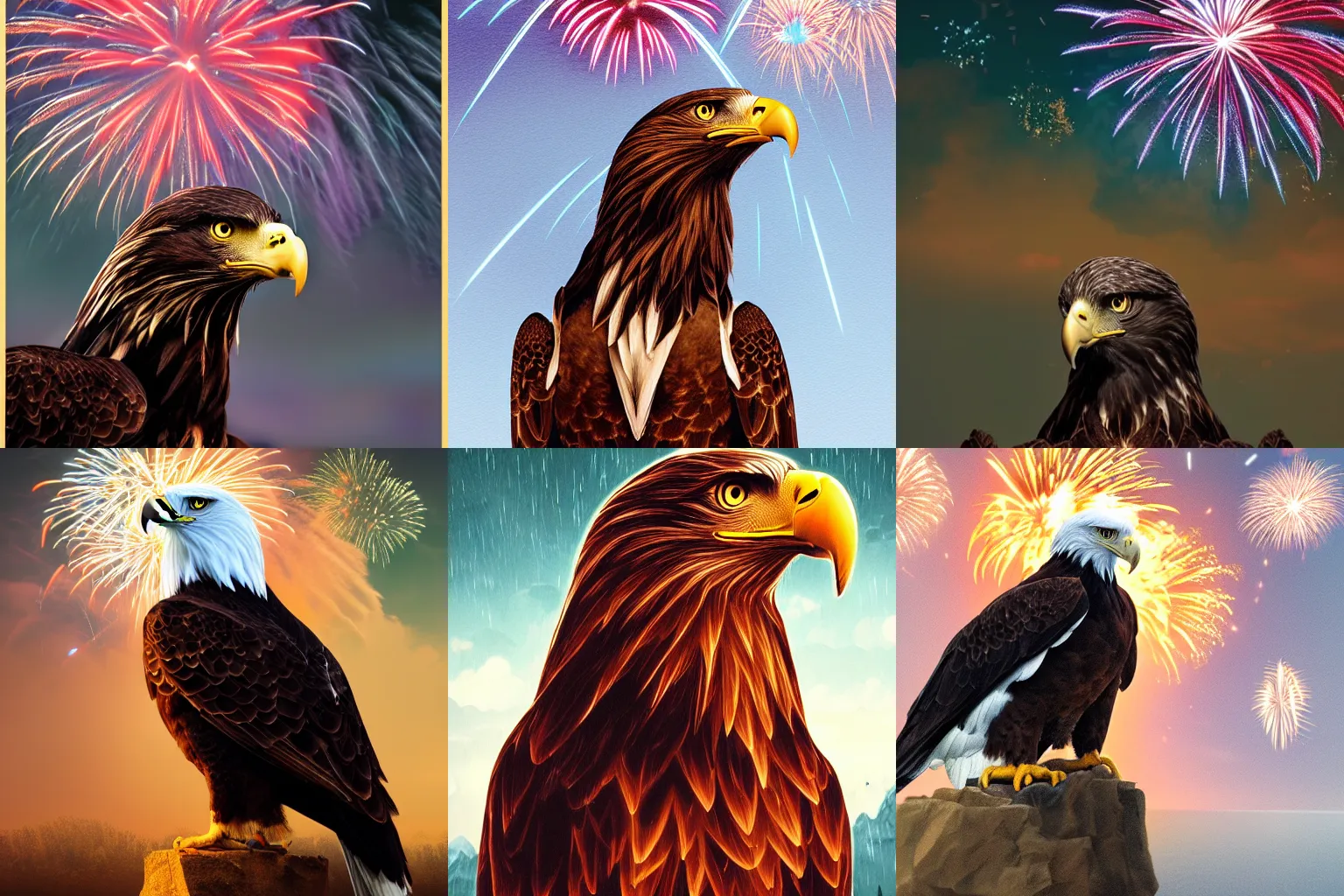 Prompt: a portrait of an eagle in a scenic environment with fireworks in the background, trending on artstation