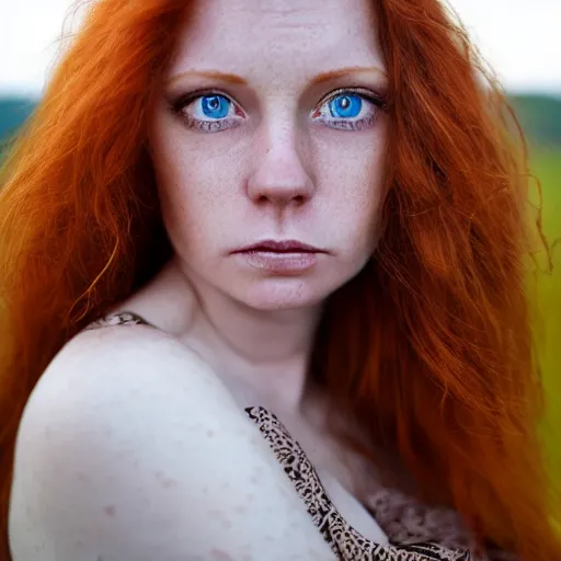 Image similar to close up portrait photograph of a ginger woman with polish descent, with deep blue eyes. Wavy long hair. she looks directly at the camera. Slightly open mouth, with a park visible in the background. 55mm nikon. Intricate. Very detailed 8k texture. Sharp. Cinematic post-processing. Award winning portrait photography. Sharp eyes.