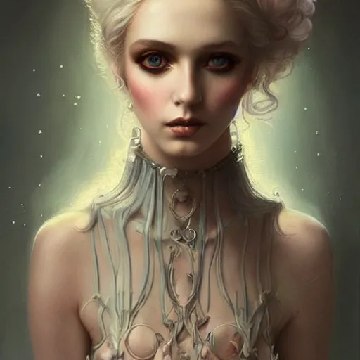 Prompt: tom bagshaw portrait, very beautiful dollpunk in a full dress and long hair, professionally retouched, perfect blue eyes, ultra realistic soft painting, soft facial traits, perfectly detailed linework, symmetrical accurate intricate features, highly detailed, artstation, sharp focus
