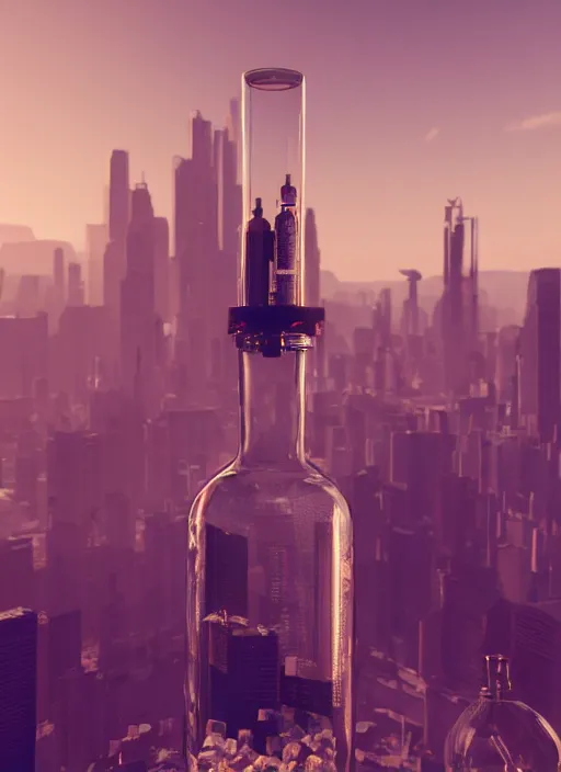 Image similar to a broad bottle with a city inside standing on a table, tubes going from a machine into the top of the bottle, 8k, unreal engine, trending on artstation,