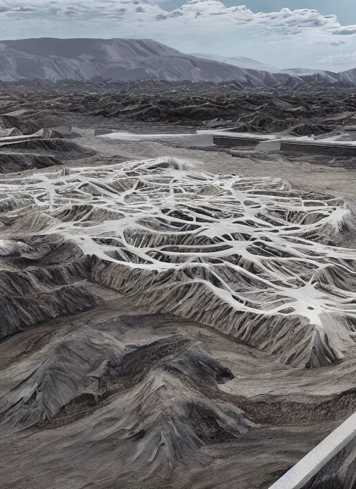 Image similar to bioremediation white architecture, in the mining tailings of chuquicamata, epic, cinematic, hyperealistic, high detailed, corona render, hdr, ray tracing