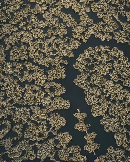 Image similar to an archipelago, made of intricate decorative lace leaf skeleton, shot from a drone, in the style of the dutch masters and gregory crewdson, dark and moody