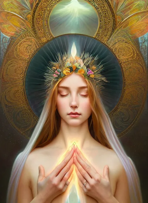 Image similar to fairy queen goddess feminine face meditation!! murky lighting, wind blowing, full body portrait, blessed by nature, physical mental perfection, symmetrical! intricate, sensual, highly detailed, biblical divine holy perfection!! digital painting, artstation, concept art, smooth, sharp focus, by artgerm and greg rutkowski and alphonse mucha