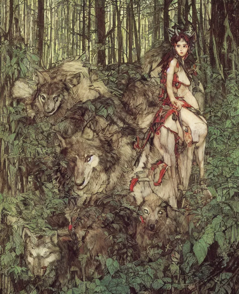 Image similar to portrait of Princess Mononoke, wolves, fully clothed in armor, lush forest, neon, concept art, schematics, painted by norman rockwell, mucha, james gurney, high detail, denoised, sharp, architectural