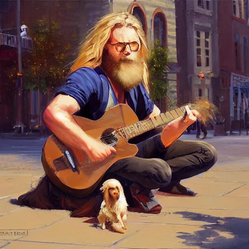 Image similar to oil painting of a young man with long hair blond and a beard hippie style with his golden retrever dog playing guitar in the square for money, people watching around, by greg rutkowski, artstation