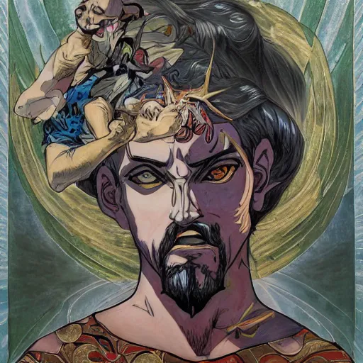 Image similar to the transfiguration of jesus christ in the style of jojo's bizarre adventure, an ultrafine detailed painting by james jean