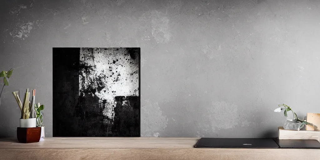 Prompt: a photo of square canvas mounted on a black wall, grunge, messy, ruined