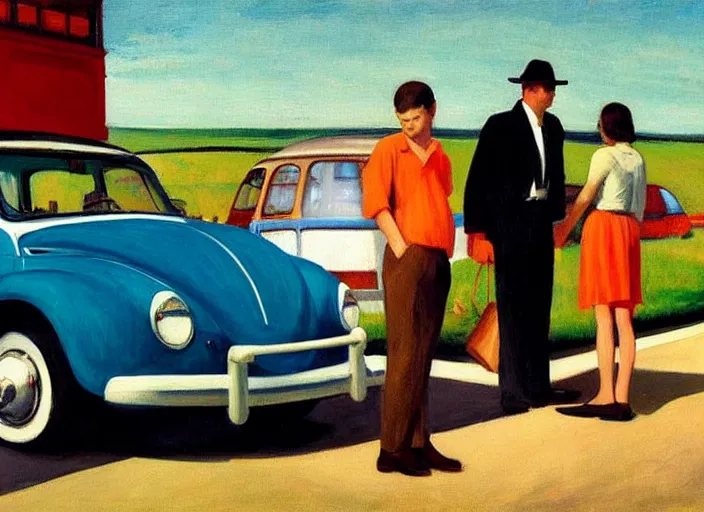 Image similar to painting, two young men and women near vw bus, by edward hopper, bernardo bertolucci dreamers movie scene