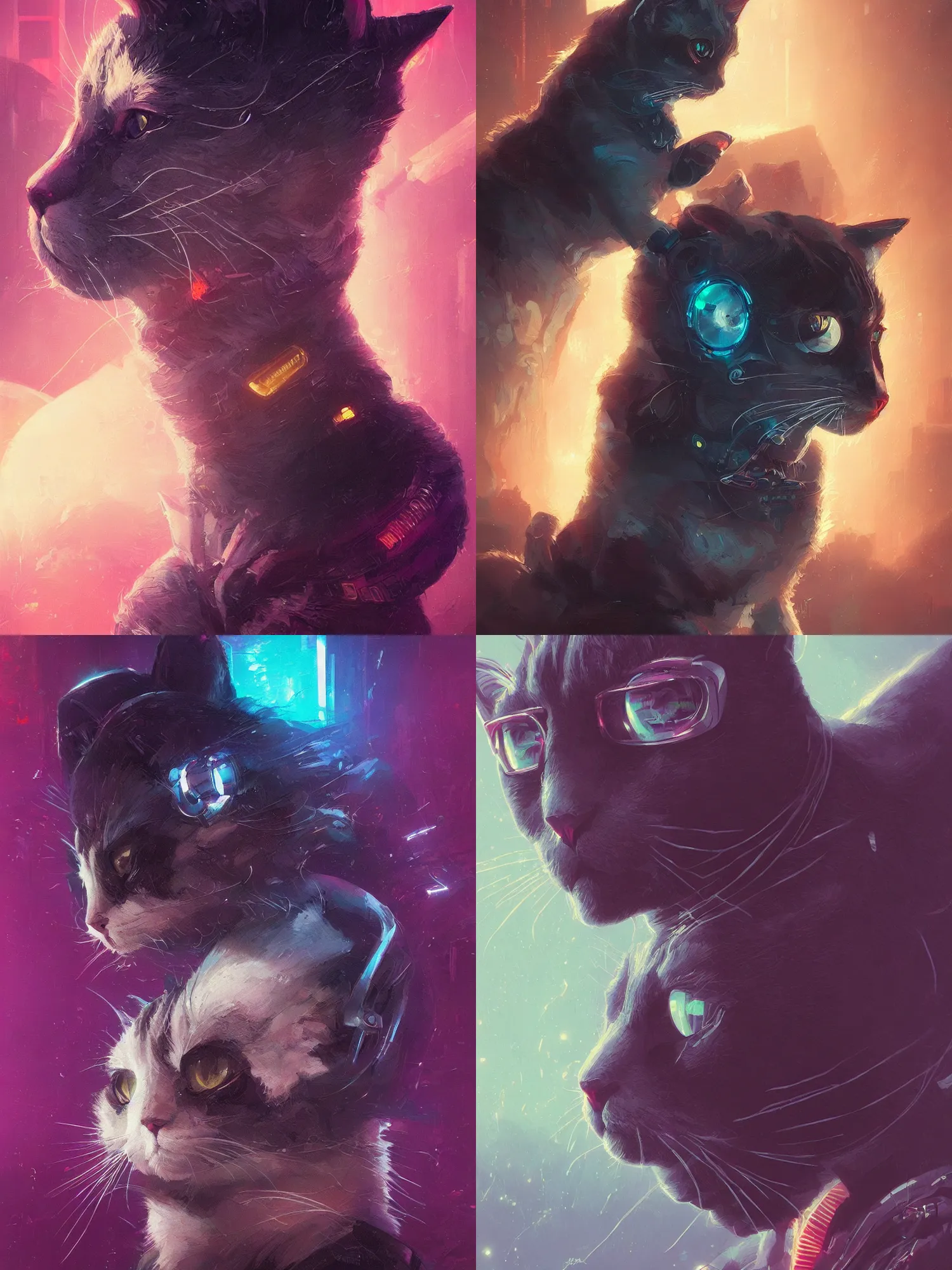 Image similar to detailed portrait of a cat, synthwave, retrowave, cyberpunk, illustration by jordan grimmer and greg rutkowski, trending on artstation