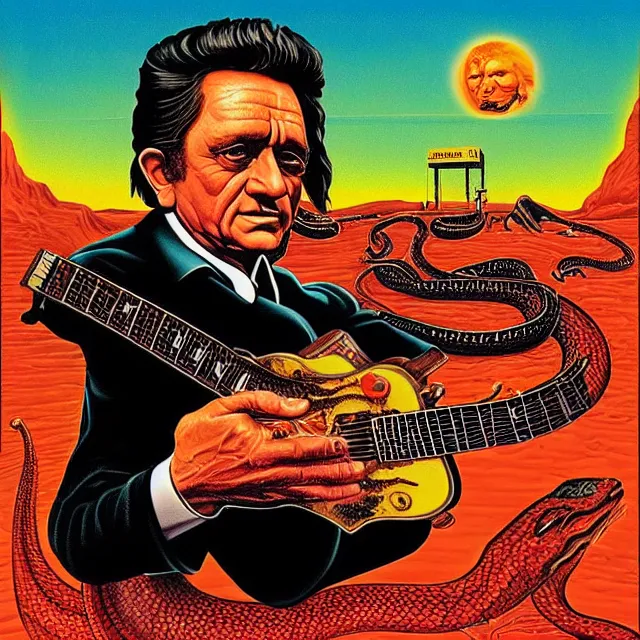 Image similar to album cover for Johnny Cash: The Snake Oil Tapes, album art by Ron Walotsky, snake oil album, snakes, no text