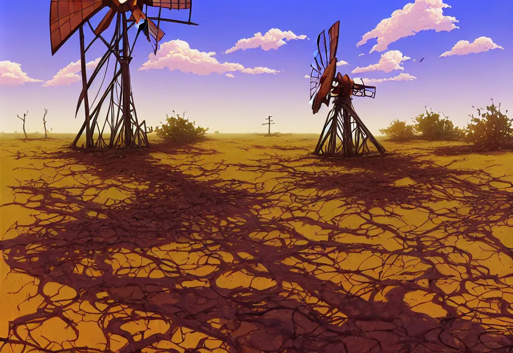 Image similar to rusty windmill in the desert with chubby vines, dead trees and puddles in the foreground, intricate oil painting, high detail illustration, sharp high detail, manga and anime 1 9 9 9, official fanart behance hd artstation by jesper ejsing and makoto shinkai, 4 k,