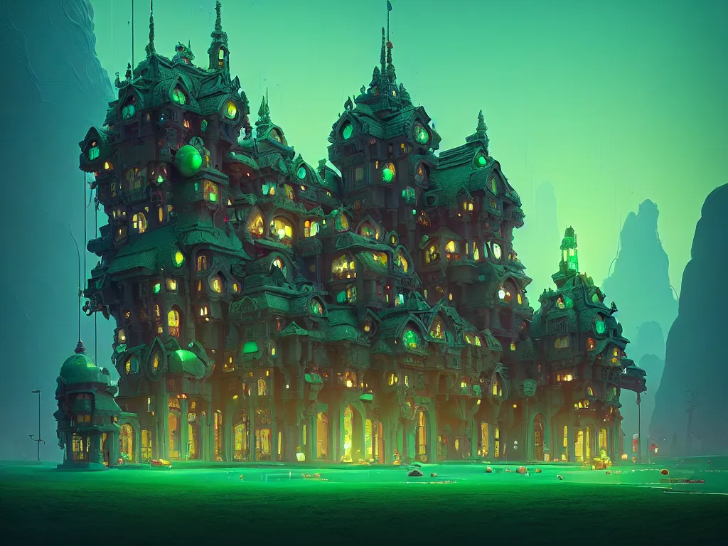Image similar to emerald gem gemstone palace, moody:: Simon Stålenhag and beeple and James Gilleard and Justin Gerard :: ornate, dynamic, particulate, intricate, elegant, highly detailed, centered, artstation, smooth, sharp focus, octane render, 3d