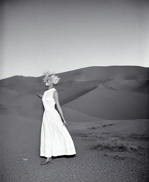 Image similar to blonde woman in the desert, white dress, by norman parkinson