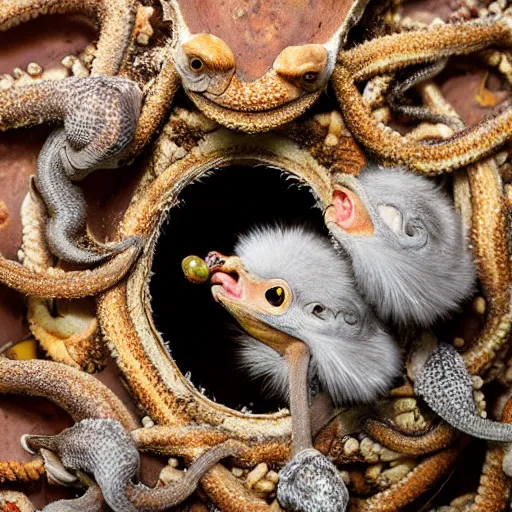 Image similar to Cuckoo chicks in nest being fed by an octopus national geographic photography