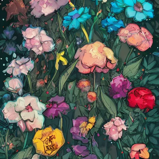 Image similar to a digital illustration of a messy group of flowers by Ross Tran and James Jean