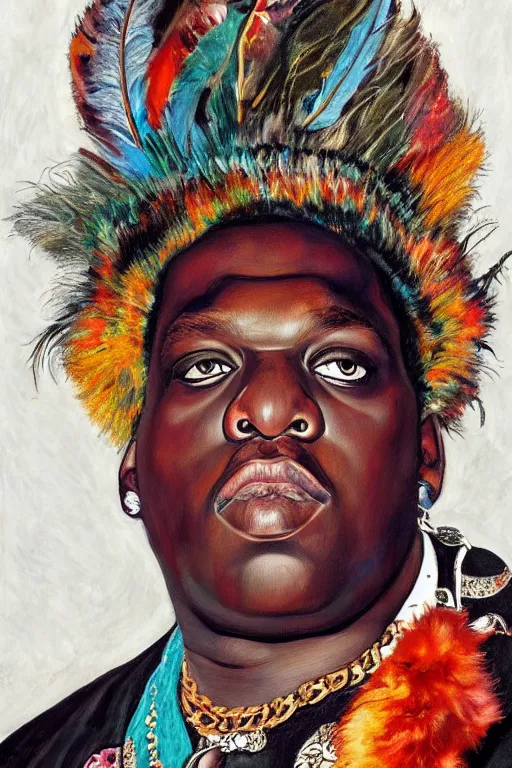 Prompt: a portrait of biggie smalls wearing boho - chic style clothes, with plumes, feathers and fur muffler, full body!!, realistic painting in egon schiele style, masterpiece, hyperdetailed, complex, intricate, 4 k, trending on artstation