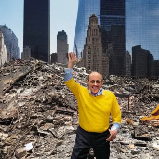 Image similar to an extreme wide shot of a very drunk evil Rudy Giuliani standing smiling wearing a yellow speedo on top of the world trade center rubble pile in new york