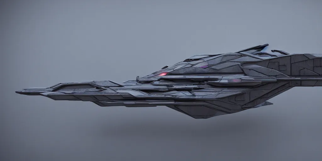 Image similar to detailed render or an angular military spaceship, vehicle, rendered in octane, blender render, scifi, science fiction, concept