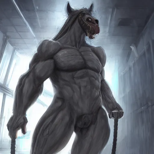 Image similar to a monstrously muscular male anthro horse wearing a tactical suit in a research facility, foggy breath coming out of mask, highly detailed, anthro art, furaffinity, digital painting, artstation, sharp focus, smooth, concept art, illustration, art by artgerm, greg rutkowski, wlop