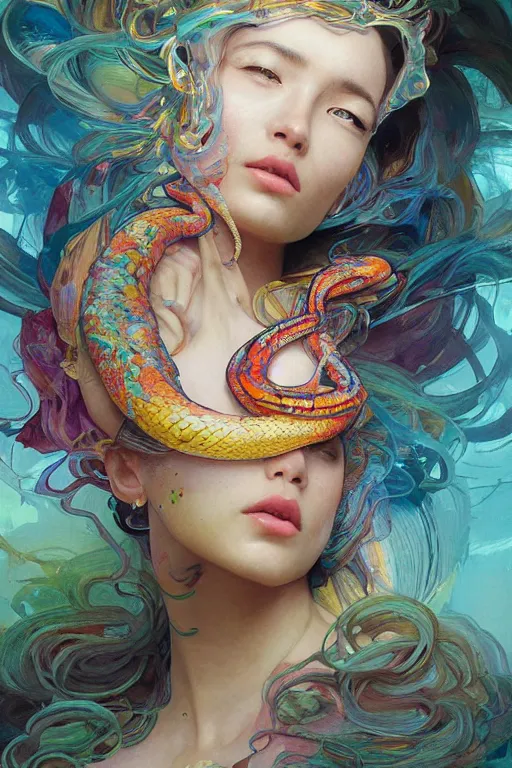 Prompt: an hiper intricate oil portrait of a beautifull snake godess surounded by melting colorfull wax drips, colorfull, excelent composition, wide shot, by yoshitaka amano, by ellen jewett, by greg rutkowski, by alphonse mucha by jeremyg lipkinng, by rhads, by ross tran, artstation, octane render