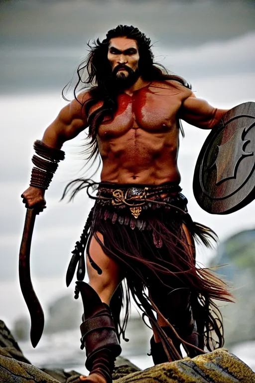 Image similar to film still from conan the barbarian, jason momoa as conan, wearing royal crimson fantasy ornate spartan dragon scale armor, volumetric lighting, wet skin and windblown hair, muscular!!!, battle action pose, ridley scott, high contrast