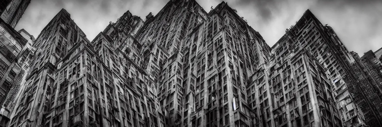 Image similar to Captured in the flow of time. Art deco. Metropolis. Sense of awe. Photoreal. In the style of Magnum photography. Low angle wide shot. Monochrome