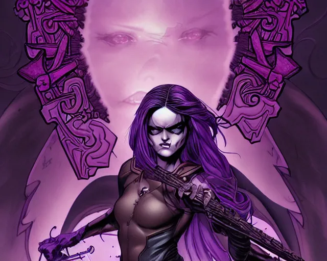 Prompt: fantasy comic cover art of female antihero wearing all battling grim reapers in a purple post apocalyptic hellscape, detailed faces, illustration by jenny frison and sana takeda and kenichi sonoda, intricate details, stunning inking lines, stunning gradient colors, 4 k, hd, artstation, award winning