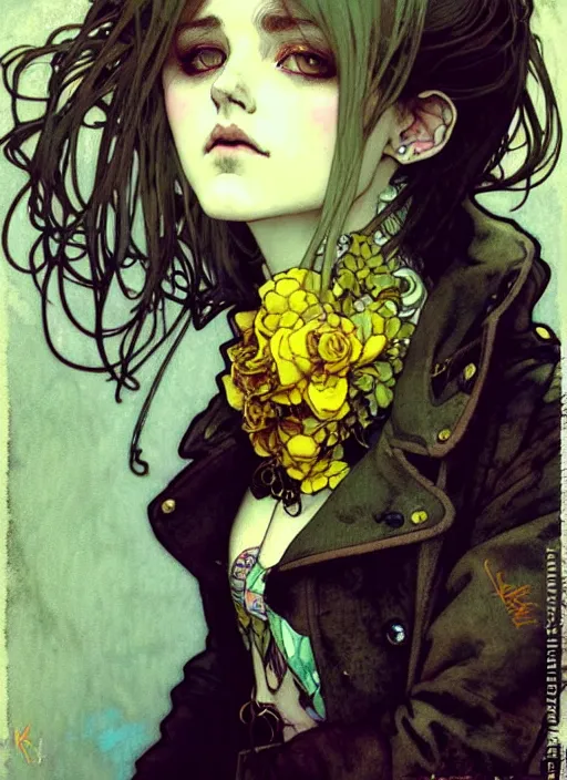 Image similar to highly detailed portrait of a moody sewerpunk young adult lady with a harris tweed holdy by krenz cushart, by artem demura, by alphonse mucha, by kaethe butcher, gradient yellow, black, brown and cyan color scheme, grunge aesthetic!!! ( ( graffiti tag city background ) )