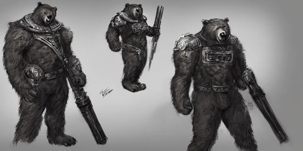 Image similar to concept art of a high fantasy bear beast-man space soldier using a bazooka trending on artstation, detailed high resolution