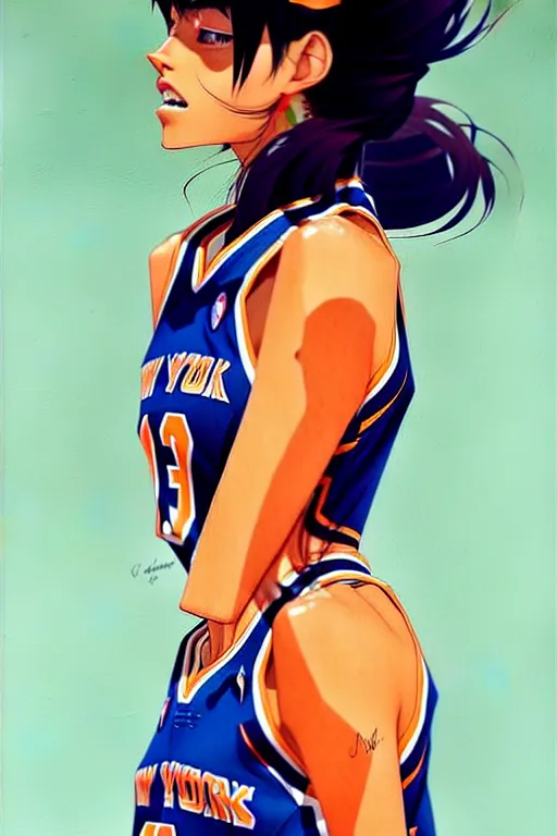 Image similar to a ultradetailed beautiful panting of a stylish girl in a knicks jersey, by conrad roset, greg rutkowski and makoto shinkai, trending on artstation