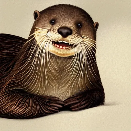 Prompt: a smiling otter wearing a night cap, in bed, hed resting on a pillow, eyes closed, realistic, very detailed, high quality, masterpiece, digital painting by artgerm, by Ralph Horsley