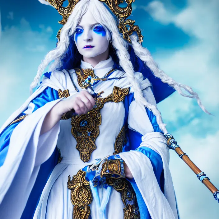 Image similar to photograph of a real-life beautiful sky witch with ornate white and blue robes and staff. Extremely detailed. 8k