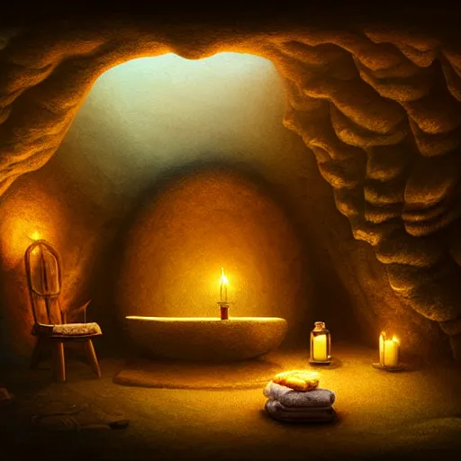 Image similar to cozy bathhouse hidden in a cave, candlelight, towels, cushions, natural light, lush plants and flowers, elegant, intricate, fantasy, atmospheric lighting, digital painting, concept art