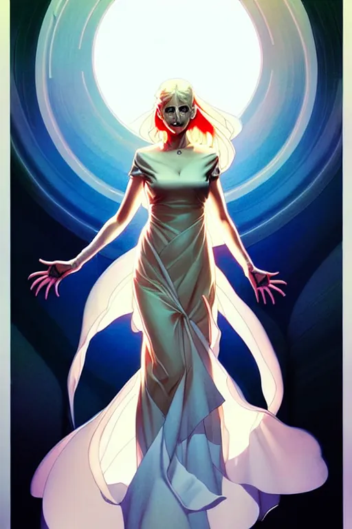 Prompt: artgerm, joshua middleton comic cover art, pretty ghost sarah michelle gellar entire full body, floating, creepy smile, white dress, friendly, translucent skin, symmetrical eyes, symmetrical face, long white hair, inside haunted house