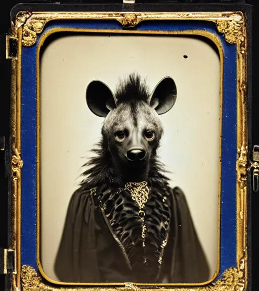 Image similar to professional studio photo portrait of anthro anthropomorphic spotted hyena head animal person fursona wearing elaborate pompous royal robes clothes by Louis Daguerre daguerreotype tintype